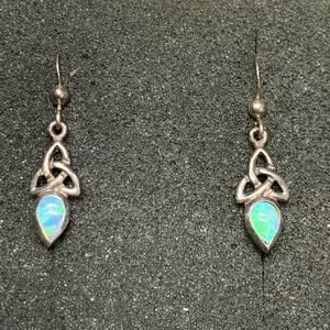 Vintage Celtic Trinity Knot Sterling Silver Opal Dangle Drop Earrings